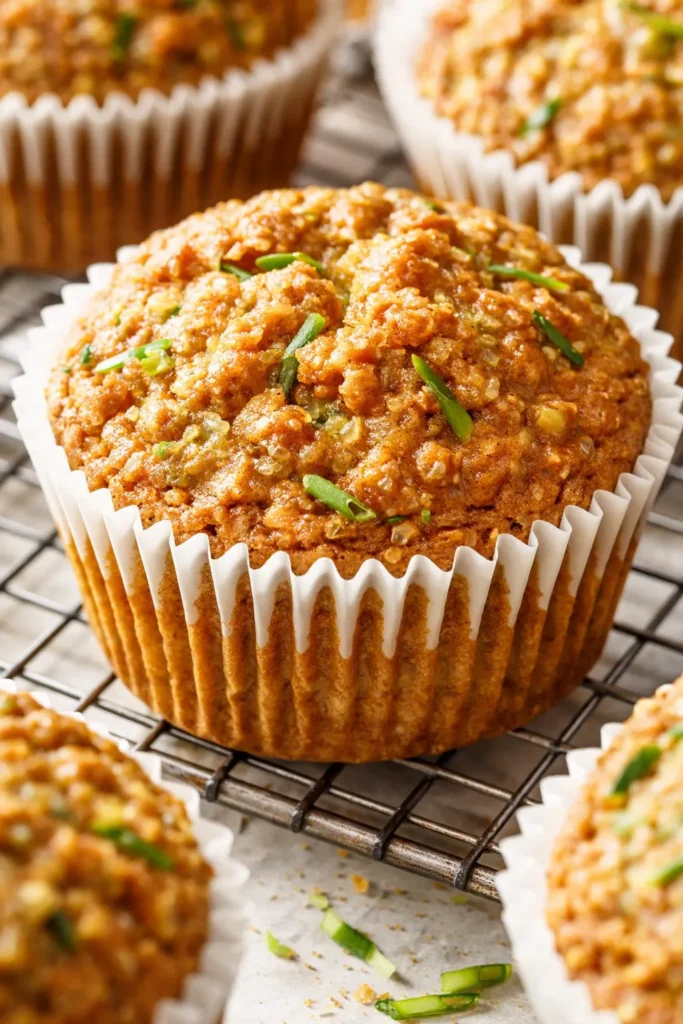 Moist zucchini oatmeal muffins with golden tops, chocolate chips, and walnut pieces on a plate