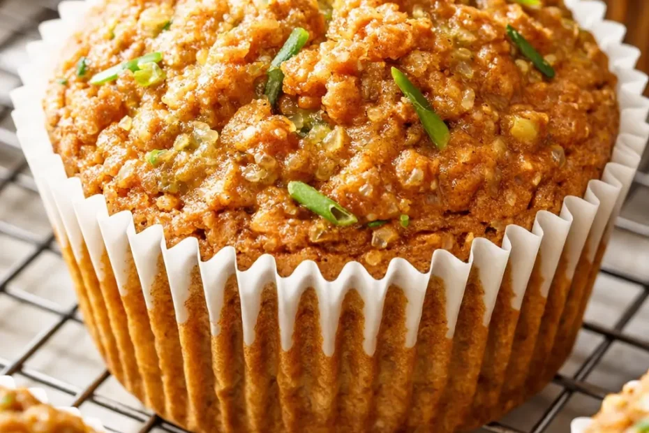 Moist zucchini oatmeal muffins with golden tops, chocolate chips, and walnut pieces on a plate