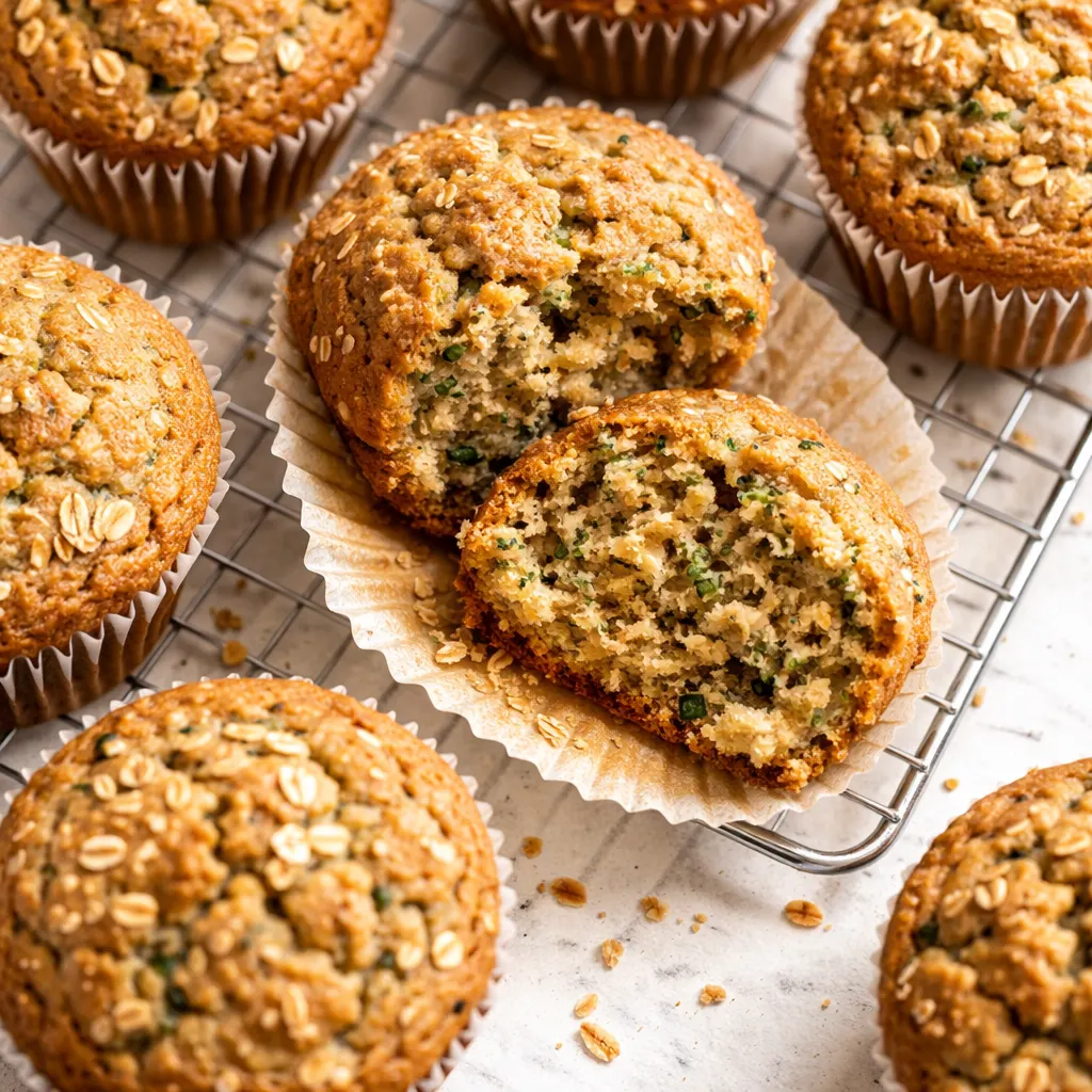 Mixing shredded zucchini and oatmeal batter for zucchini oatmeal muffins, with a baked muffin showing golden texture.