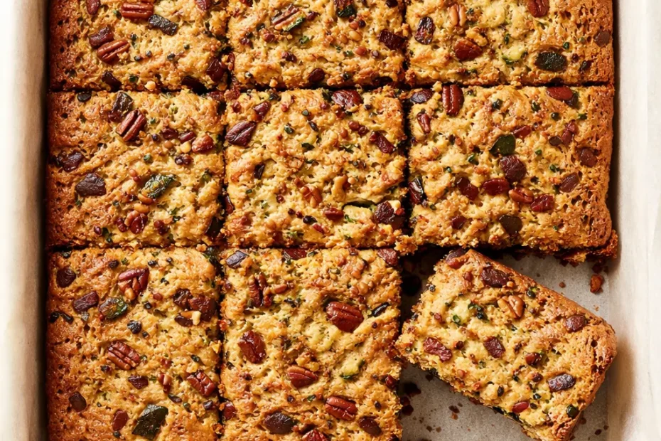 Moist zucchini pecan bars with a golden brown crust and visible pecan chunks, resting on a wire rack, showcasing their dense yet tender texture.
