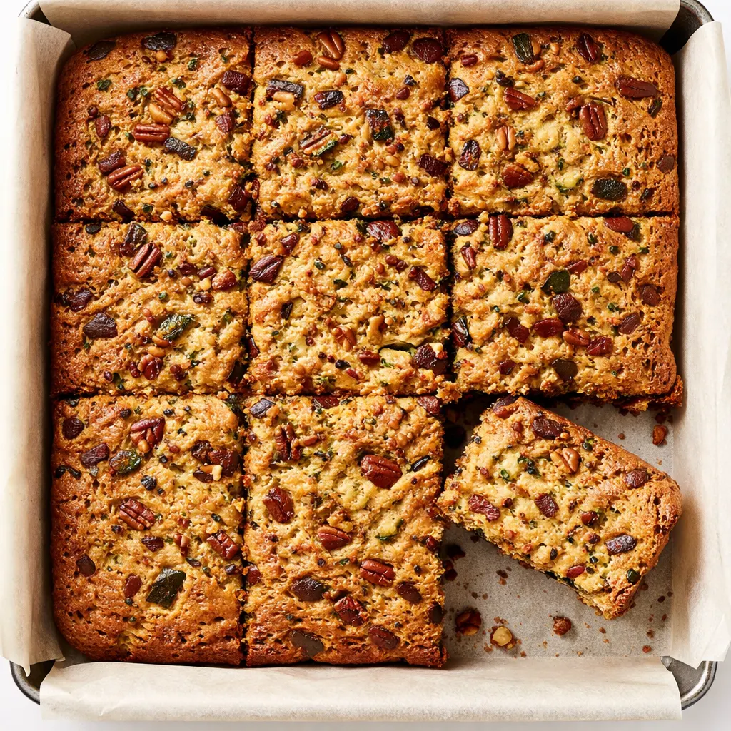 Moist zucchini pecan bars with a golden brown crust and visible pecan chunks, resting on a wire rack, showcasing their dense yet tender texture.