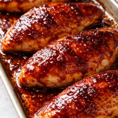 Juicy baked BBQ chicken breasts glazed with glossy barbecue sauce, charred edges and tender interior on a baking sheet.