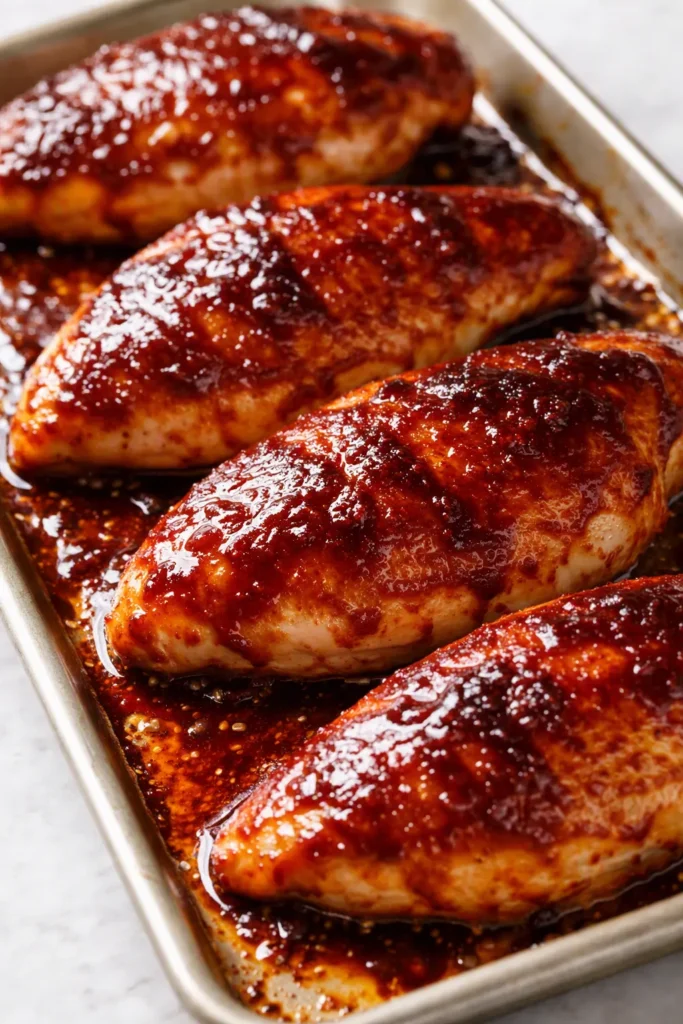 Juicy baked BBQ chicken breasts glazed with glossy barbecue sauce, charred edges and tender interior on a baking sheet.