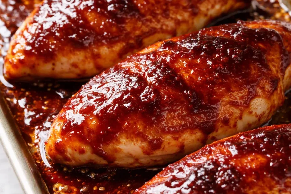 Juicy baked BBQ chicken breasts glazed with glossy barbecue sauce, charred edges and tender interior on a baking sheet.