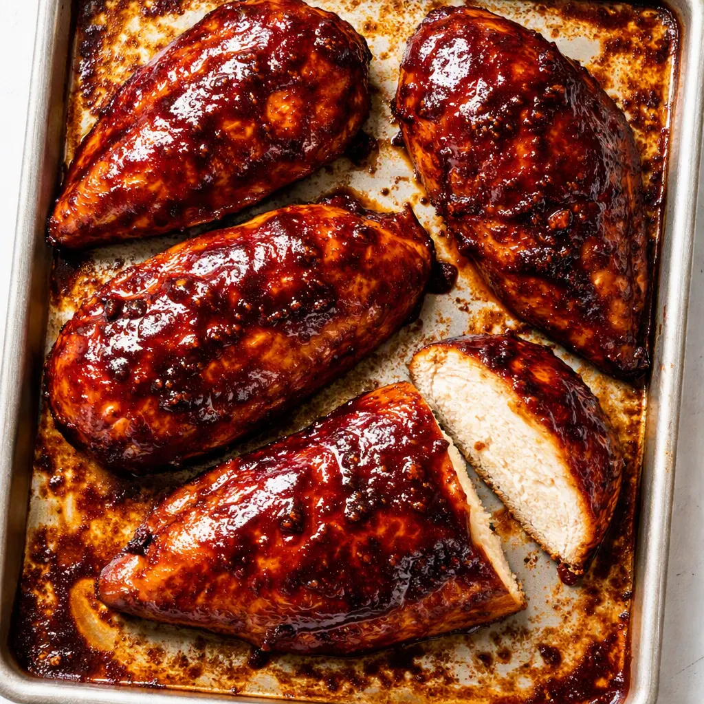 Brushing baked BBQ chicken breasts with glossy barbecue sauce, revealing golden caramelized edges and juicy texture.