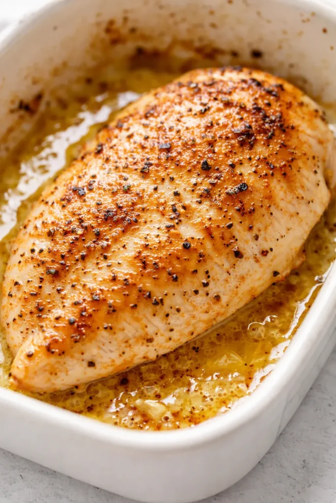 Golden baked Caesar chicken breasts with creamy parmesan sauce in a baking dish, garnished with parsley and croutons.