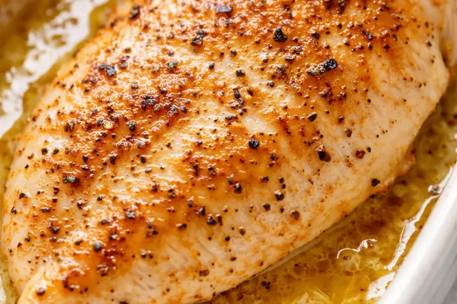 Golden baked Caesar chicken breasts with creamy parmesan sauce in a baking dish, garnished with parsley and croutons.
