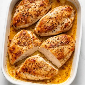 Baked Caesar chicken in a baking dish with golden melted cheese, creamy Caesar sauce, and fresh parsley.