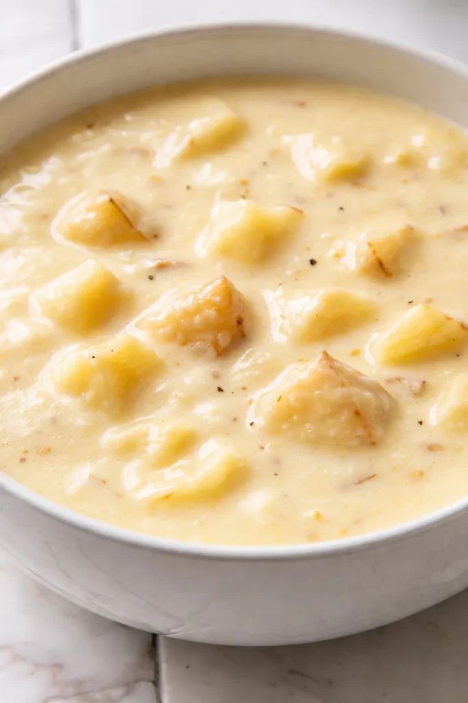 Creamy loaded baked potato soup topped with melted cheddar, crispy bacon, and fresh chives.
