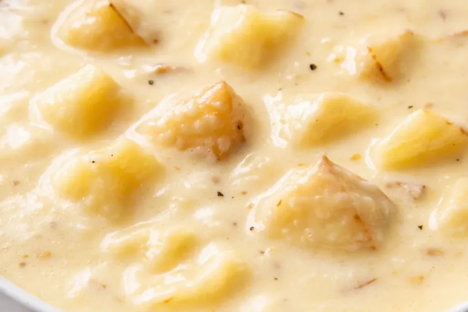 Creamy loaded baked potato soup topped with melted cheddar, crispy bacon, and fresh chives.