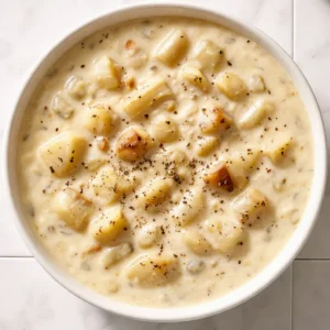 Creamy baked potato soup simmering in a pot with melted cheddar cheese, bacon bits, and chives.