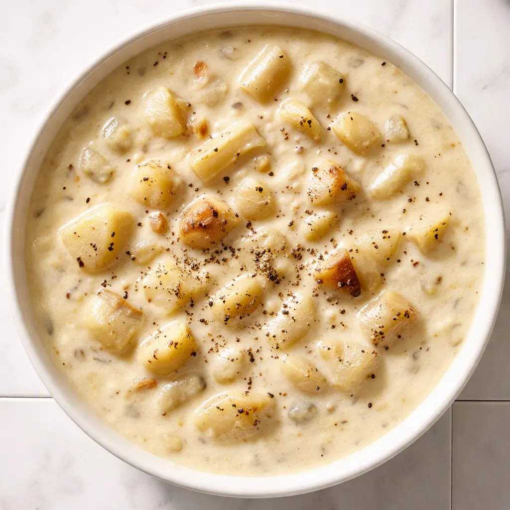 Creamy baked potato soup simmering in a pot with melted cheddar cheese, bacon bits, and chives.
