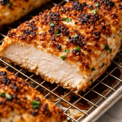 Juicy baked ranch chicken with golden crispy skin and creamy herb sauce on a white plate.