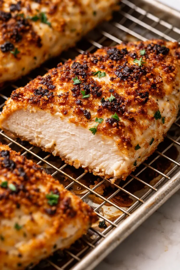 Juicy baked ranch chicken with golden crispy skin and creamy herb sauce on a white plate.