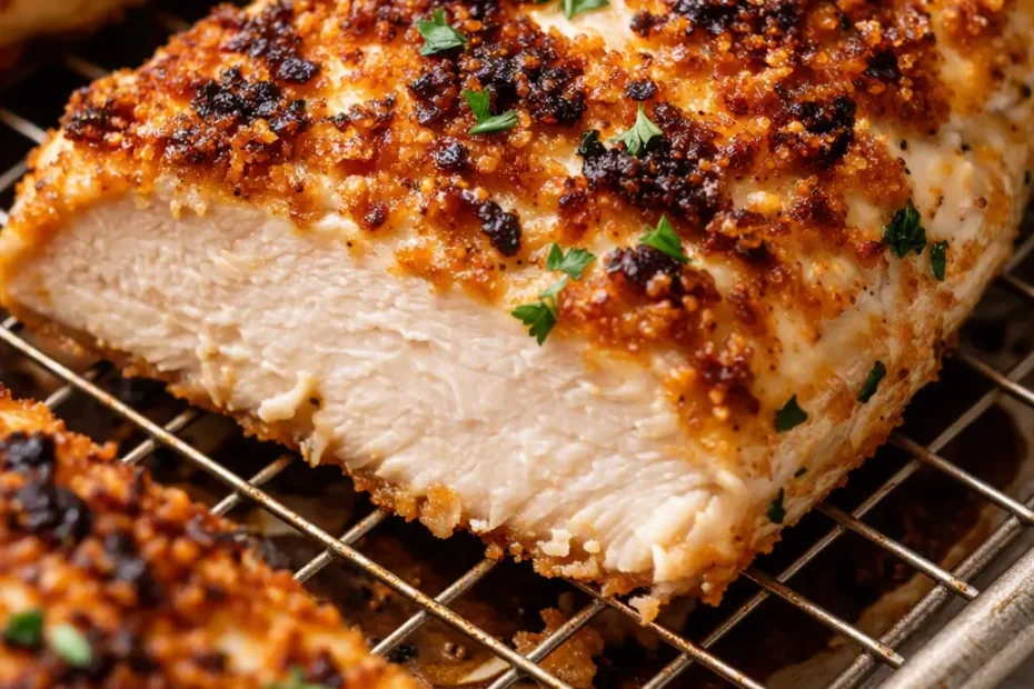 Juicy baked ranch chicken with golden crispy skin and creamy herb sauce on a white plate.