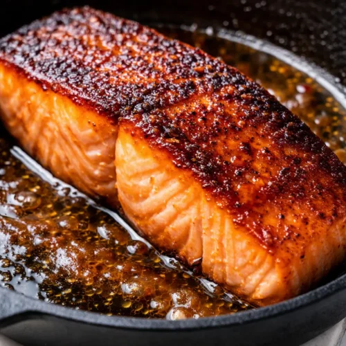 Crispy bang bang salmon fillets coated in creamy spicy sauce, garnished with green onions and sesame seeds.