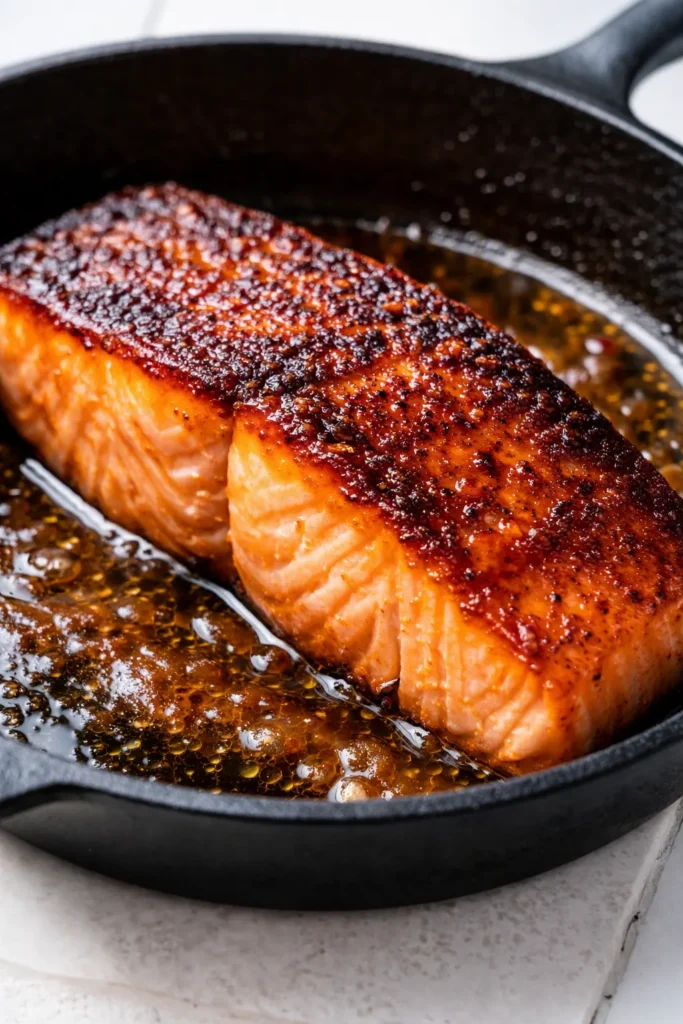 Crispy bang bang salmon fillets coated in creamy spicy sauce, garnished with green onions and sesame seeds.
