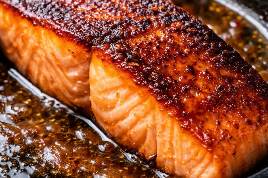 Crispy bang bang salmon fillets coated in creamy spicy sauce, garnished with green onions and sesame seeds.