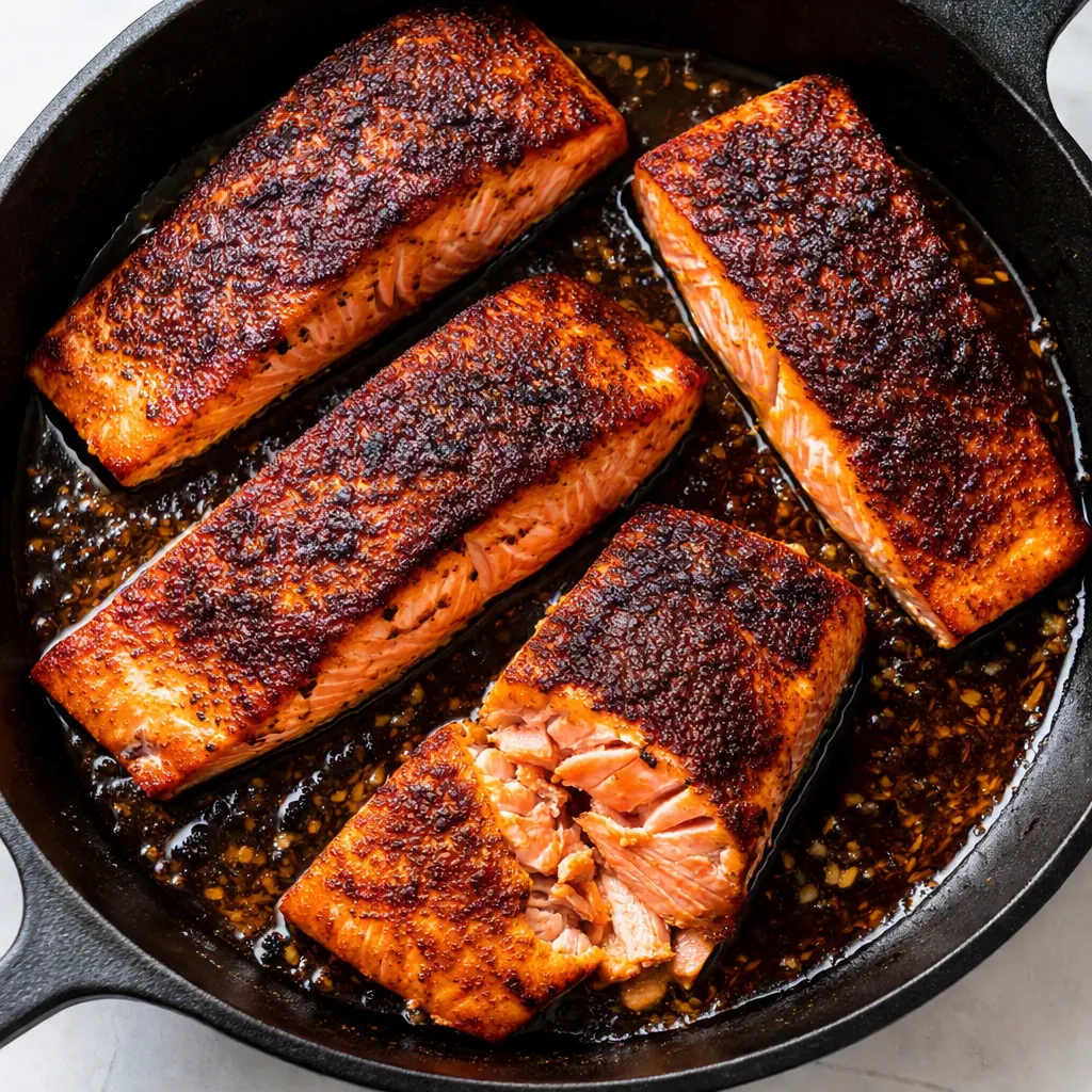 Crispy golden bang bang salmon fillets drizzled with creamy spicy sauce and topped with green onions and sesame seeds.