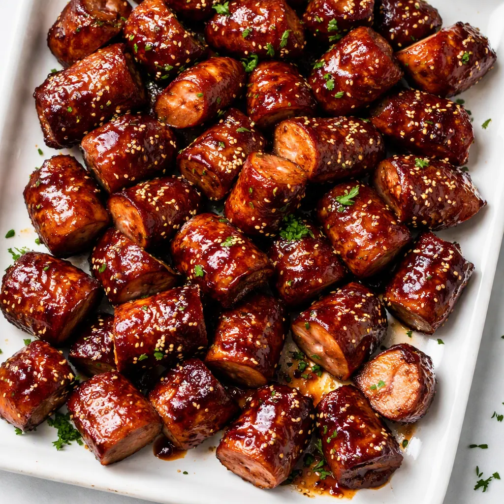 Sticky BBQ sausage bites glazed in caramelized sauce, with glossy edges and golden-brown char in a skillet.