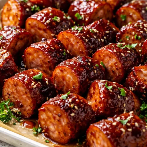 Sticky caramelized BBQ sausage bites glistening with sweet barbecue glaze on a serving platter.