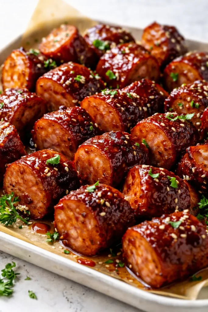 Sticky caramelized BBQ sausage bites glistening with sweet barbecue glaze on a serving platter.