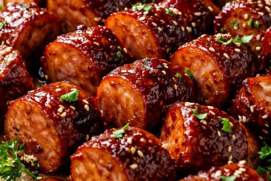 Sticky caramelized BBQ sausage bites glistening with sweet barbecue glaze on a serving platter.