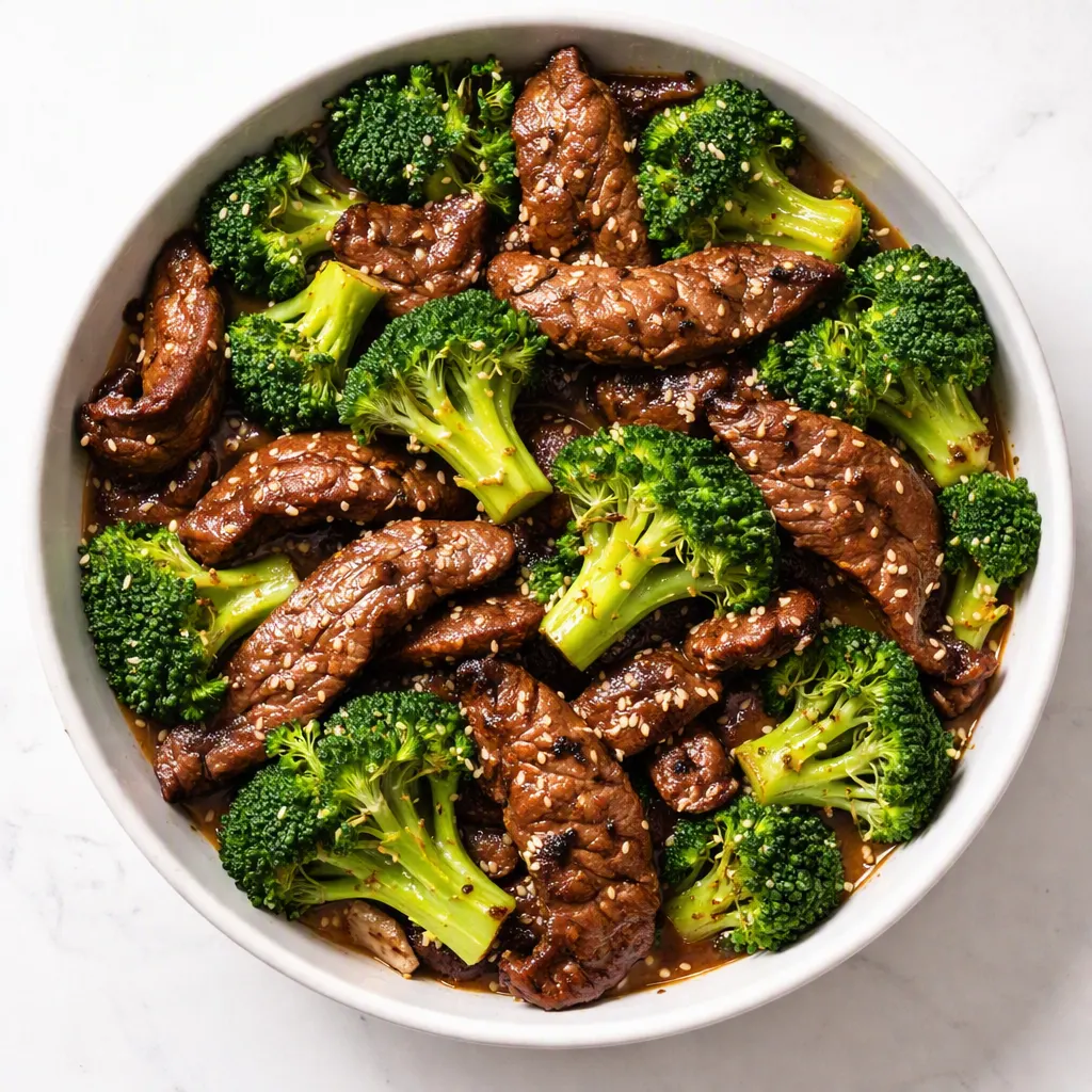Sliced beef and vibrant broccoli florets sizzling in a hot wok with garlic and soy sauce, steam rising.