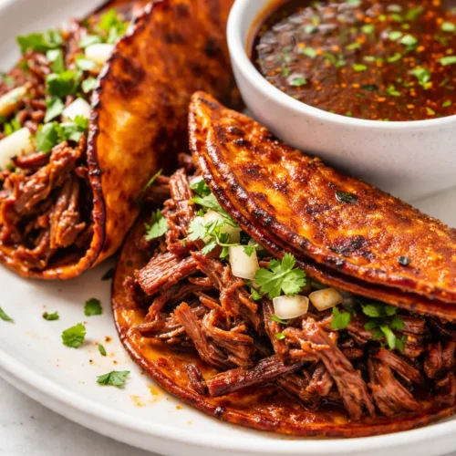 Birria tacos with crispy edges, melted cheese, and a small bowl of rich red consommé for dipping, garnished with cilantro and onion.