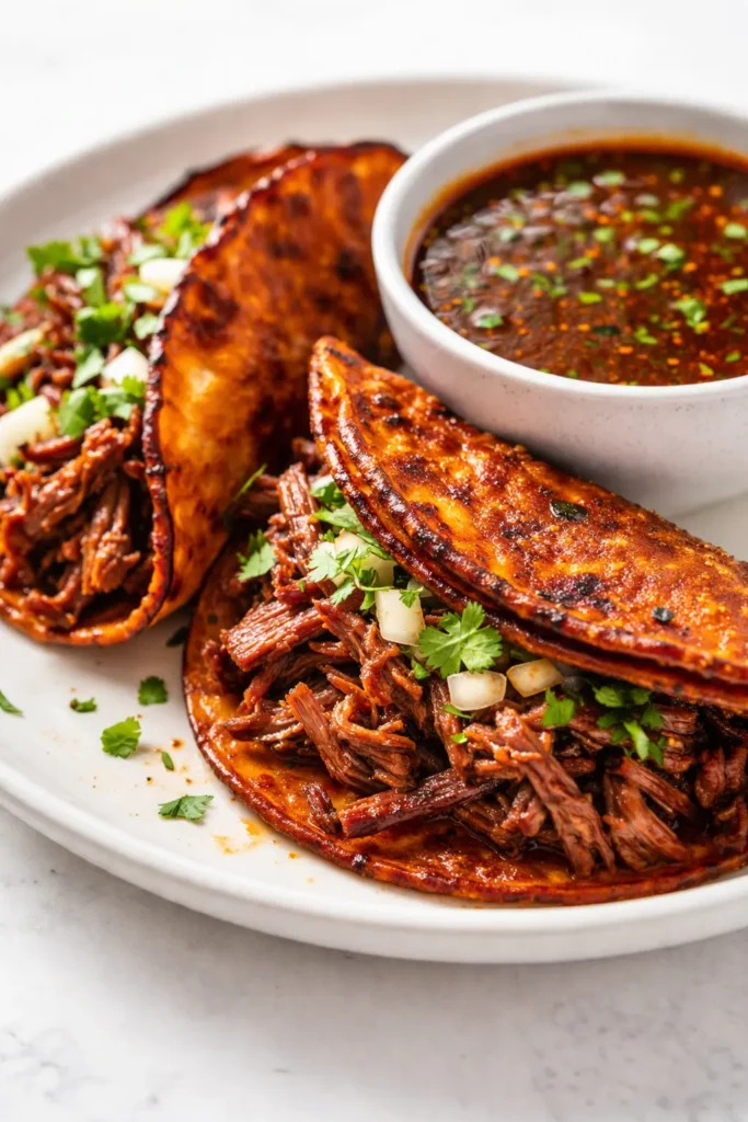 Birria tacos with crispy edges, melted cheese, and a small bowl of rich red consommé for dipping, garnished with cilantro and onion.