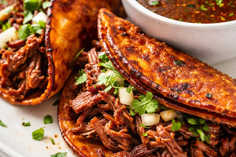 Birria tacos with crispy edges, melted cheese, and a small bowl of rich red consommé for dipping, garnished with cilantro and onion.