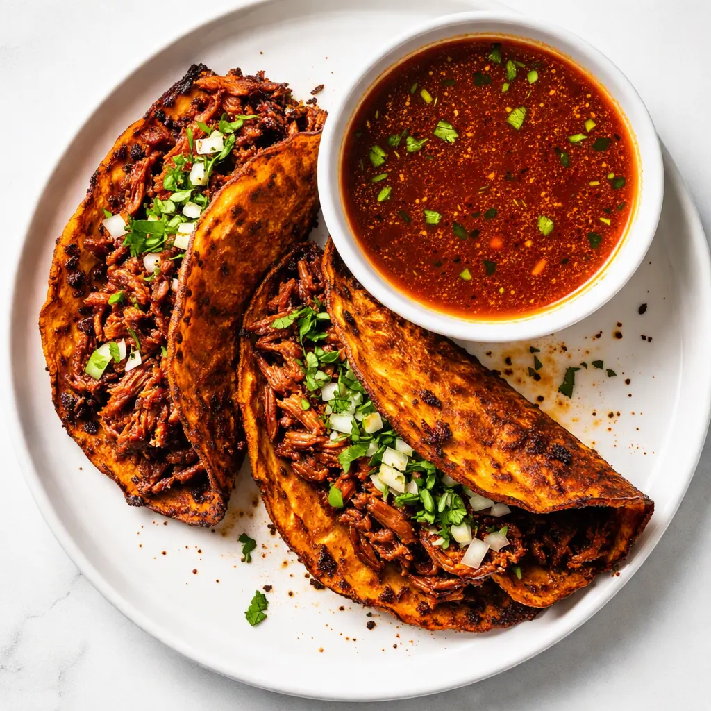 Birria tacos with tender shredded beef, melted cheese, and onions in rich red consommé, garnished with cilantro.