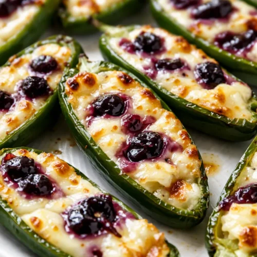 Golden fried Blueberry Brie Jalapeño Poppers with oozing brie and glossy blueberry preserves on a white platter.