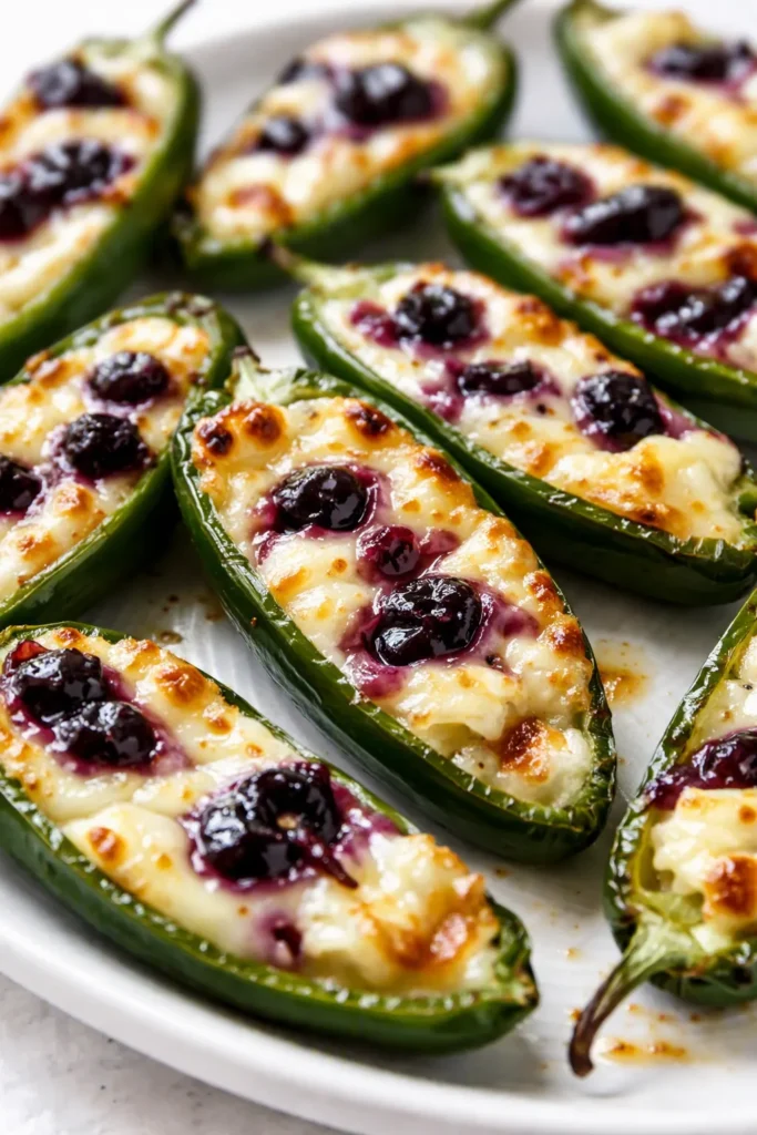 Golden fried Blueberry Brie Jalapeño Poppers with oozing brie and glossy blueberry preserves on a white platter.