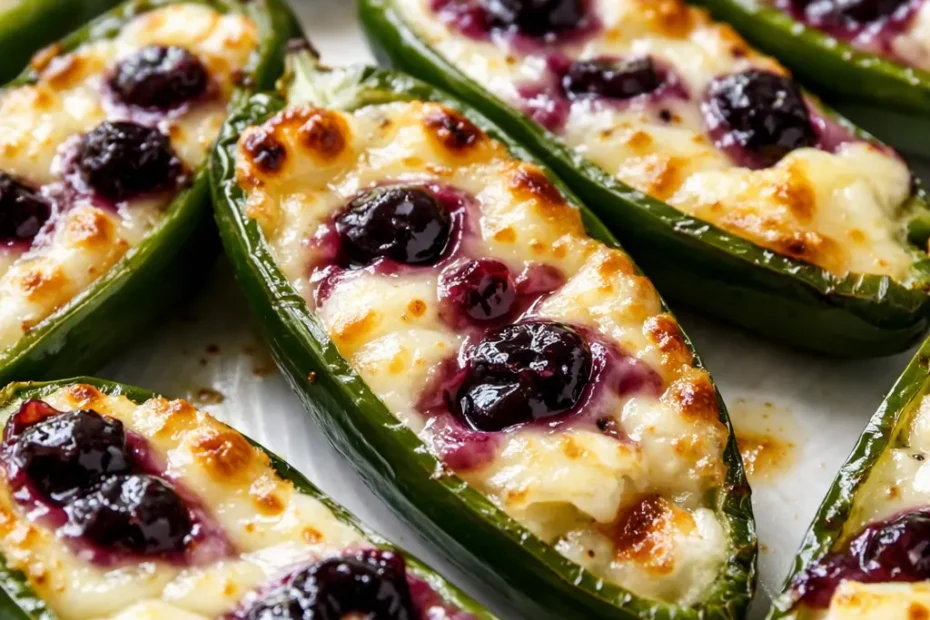 Golden fried Blueberry Brie Jalapeño Poppers with oozing brie and glossy blueberry preserves on a white platter.