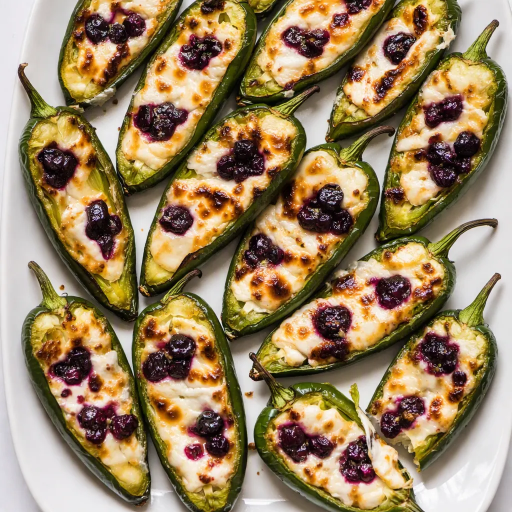 Blueberry brie jalapeño poppers being assembled with creamy brie and sweet blueberry jam on halved jalapeños