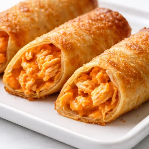Crispy golden buffalo chicken egg rolls cut in half revealing melted cheese and spicy chicken filling, served with dipping sauce.