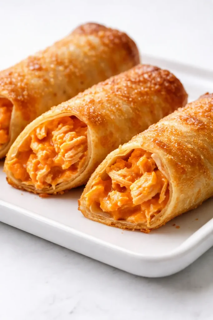 Crispy golden buffalo chicken egg rolls cut in half revealing melted cheese and spicy chicken filling, served with dipping sauce.