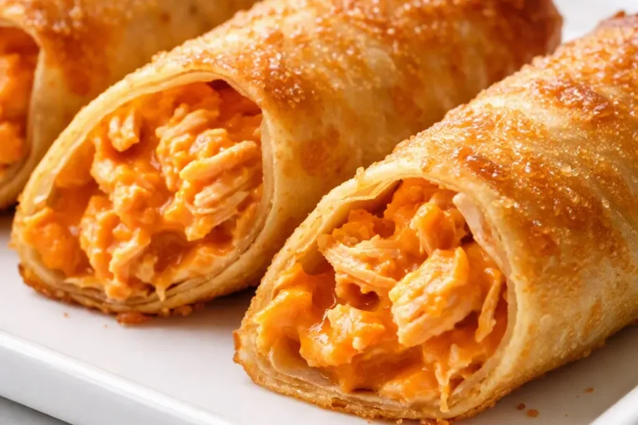Crispy golden buffalo chicken egg rolls cut in half revealing melted cheese and spicy chicken filling, served with dipping sauce.
