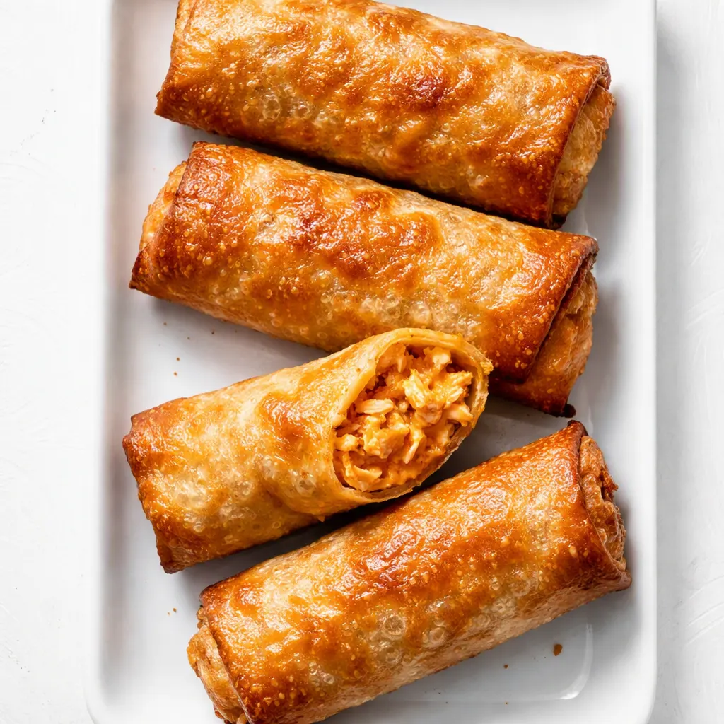 Crispy buffalo chicken egg rolls being assembled with cheesy chicken filling on a wooden board.