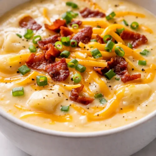 Creamy cheddar cheese potato soup topped with shredded cheddar, fresh chives, and cracked black pepper in a rustic bowl.