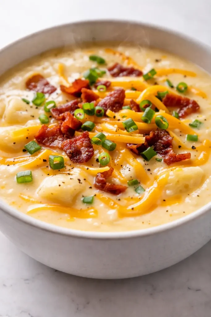 Creamy cheddar cheese potato soup topped with shredded cheddar, fresh chives, and cracked black pepper in a rustic bowl.