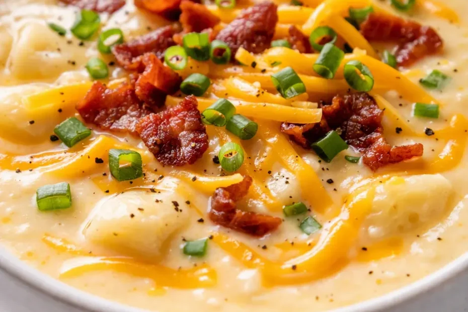 Creamy cheddar cheese potato soup topped with shredded cheddar, fresh chives, and cracked black pepper in a rustic bowl.