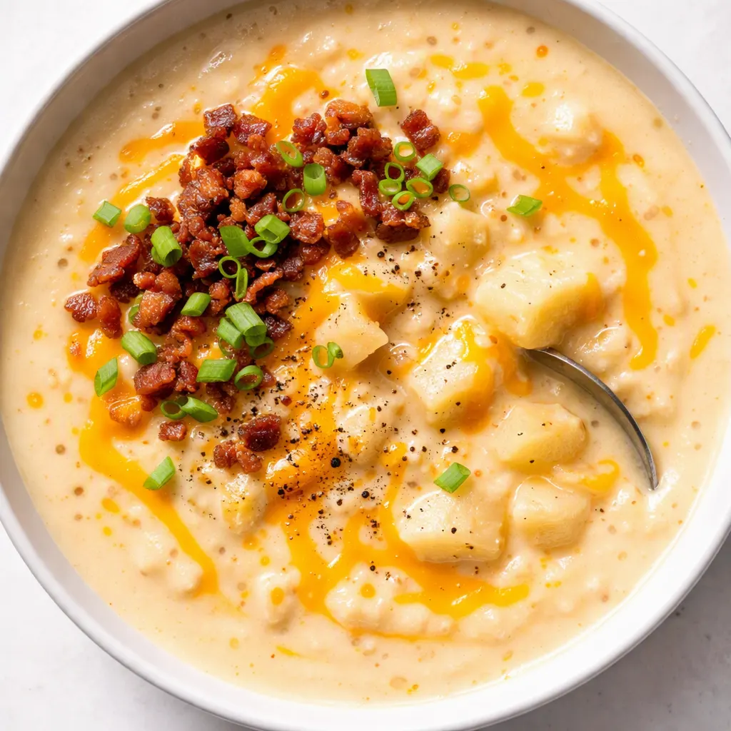 Creamy cheddar cheese potato soup with visible melted cheese and tender potato pieces in a rich, golden bowl