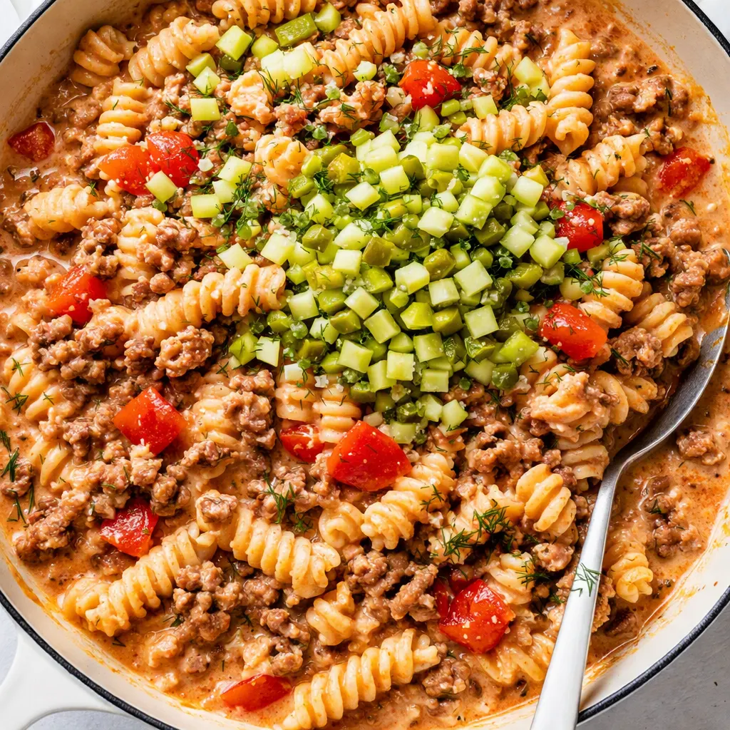 Cheeseburger pasta with browned ground beef, al dente pasta, and velvety cheese sauce in a skillet.