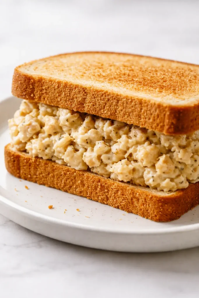 Hearty chickpea salad sandwich on whole wheat bread with crunchy veggies and creamy, non-soggy filling.