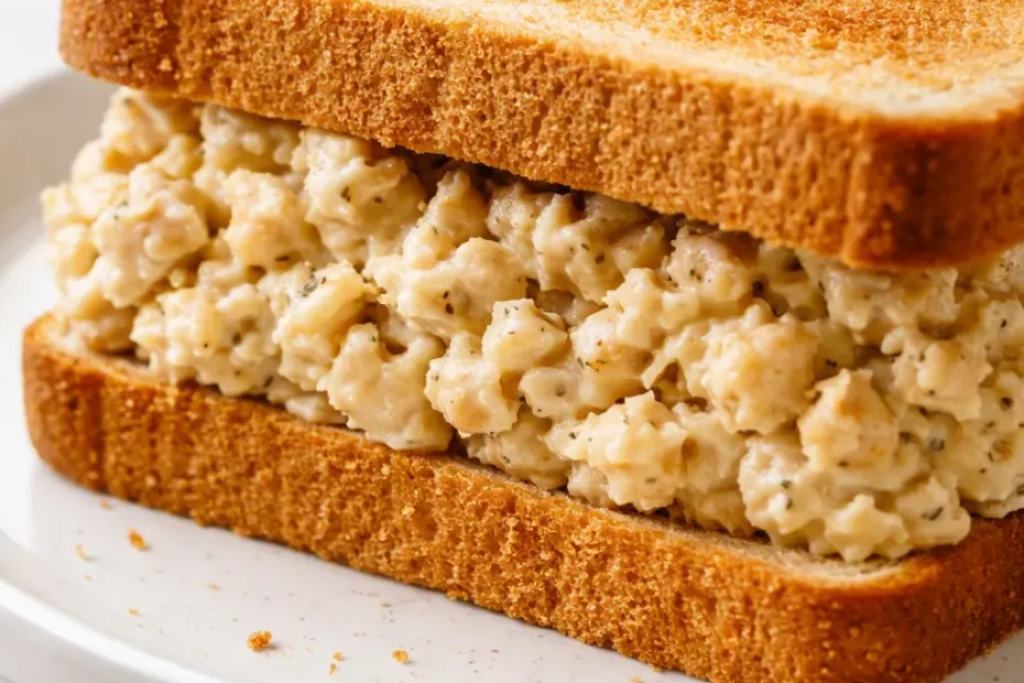 Hearty chickpea salad sandwich on whole wheat bread with crunchy veggies and creamy, non-soggy filling.