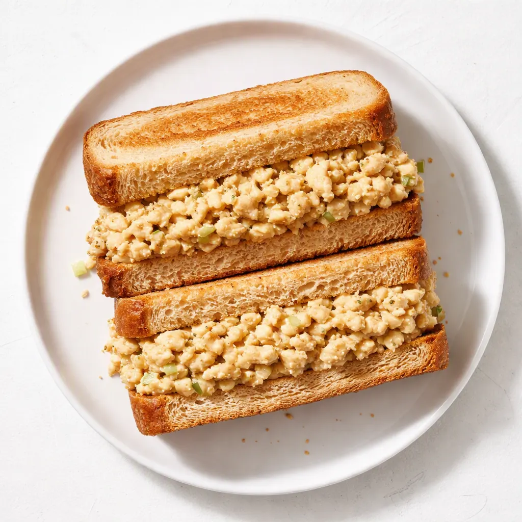 Chickpea salad sandwich filling spread on crusty bread, creamy mashed chickpeas with herbs and colorful veggies.
