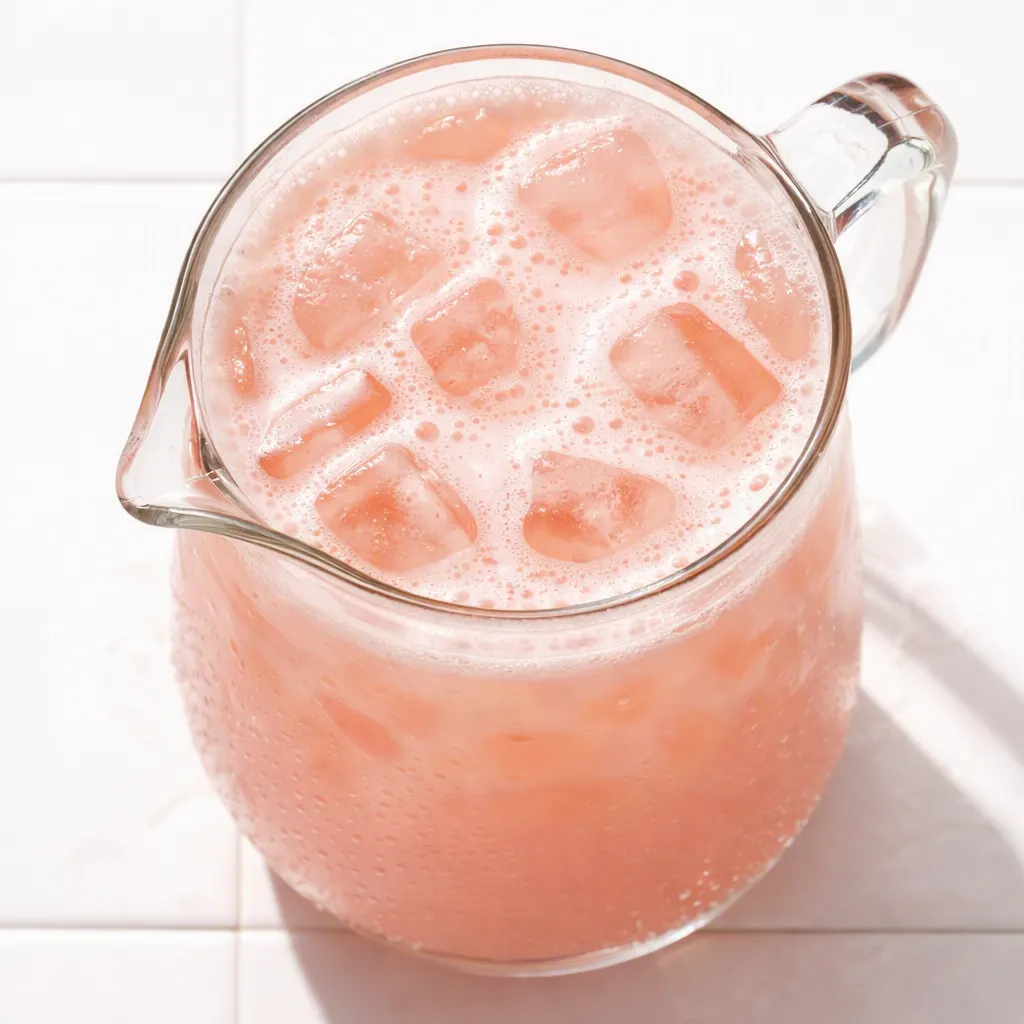 Copycat Pink Drink with coconut milk swirl and strawberry chunks in a tall glass, bright pink and creamy texture.