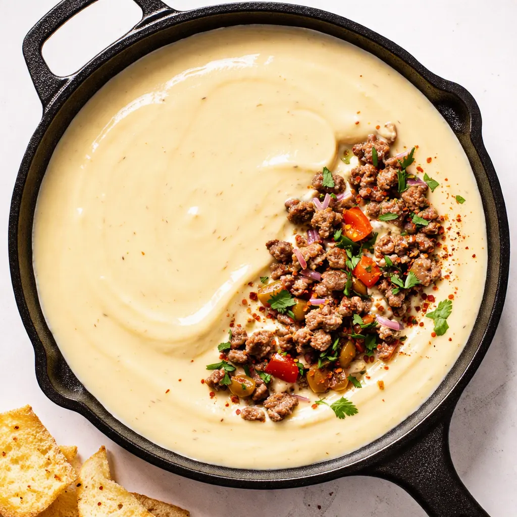 Stirring a pot of creamy cowboy queso with melted cheddar, diced tomatoes, and green chiles, smooth and glossy